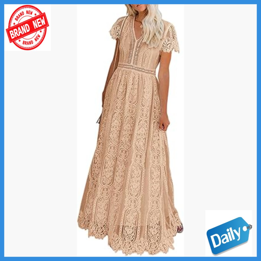V-Neck Short Sleeve Floral Lace Maxi Dress A-Line Formal Wedding Bridesmaid